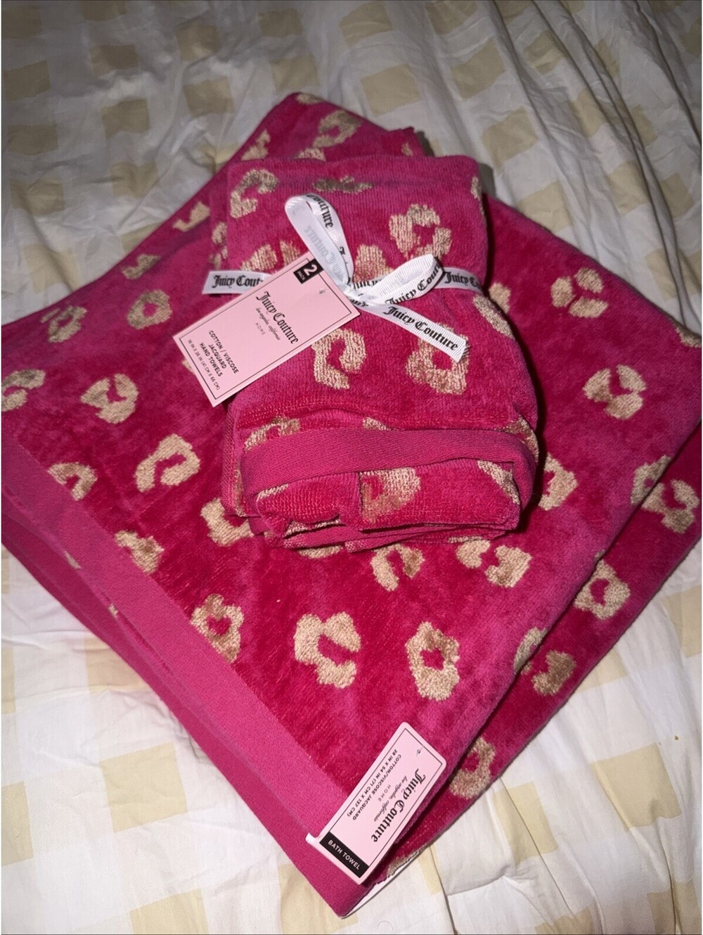 NWT Juicy Couture Animal Print Pink Towel Set (2) Bath Towels & (2) Hand Towels